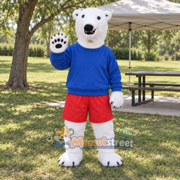 White Polar Bear Mascot Costume with Blue Shirt and Red Shorts