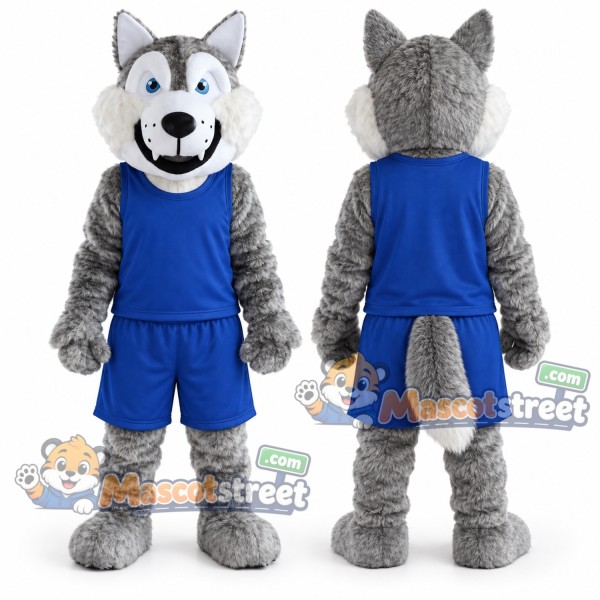 Gray Wolf Mascot Costume with Blue Sports Uniform