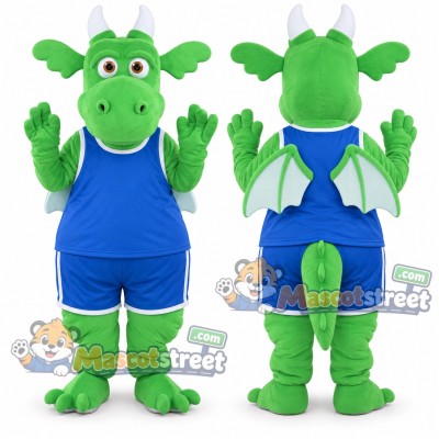 Green Dragon Mascot Costume with Blue Sports Uniform