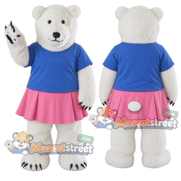 White Polar Bear Mascot Costume with Blue Shirt and Pink Skirt