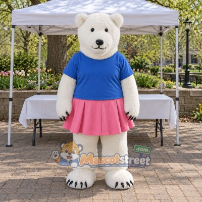 White Polar Bear Mascot Costume with Blue Shirt and Pink Skirt