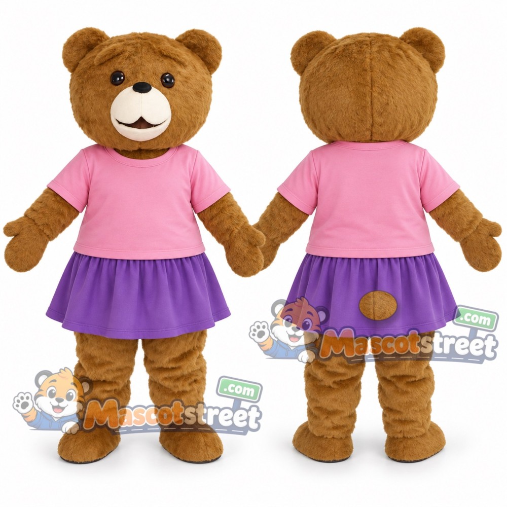 Brown Bear Mascot Costume with Pink Shirt and Purple Skirt Brown Bear Mascot Costume with Pink Shirt and Purple Skirt
