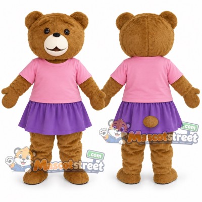 Brown Bear Mascot Costume with Pink Shirt and Purple Skirt Brown Bear Mascot Costume with Pink Shirt and Purple Skirt