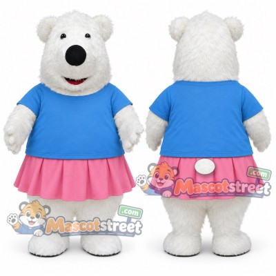 White Polar Bear Mascot Costume with Blue Shirt and Pink Skirt