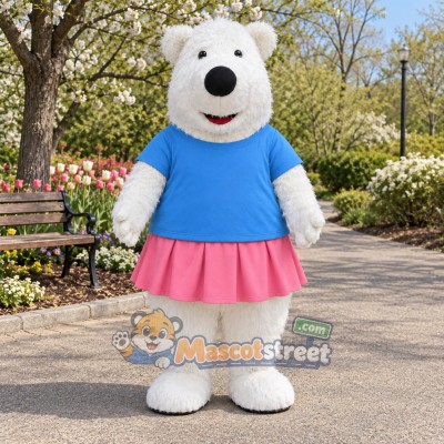 White Polar Bear Mascot Costume with Blue Shirt and Pink Skirt