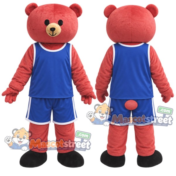 Red Bear Mascot Costume with Blue Sports Uniform