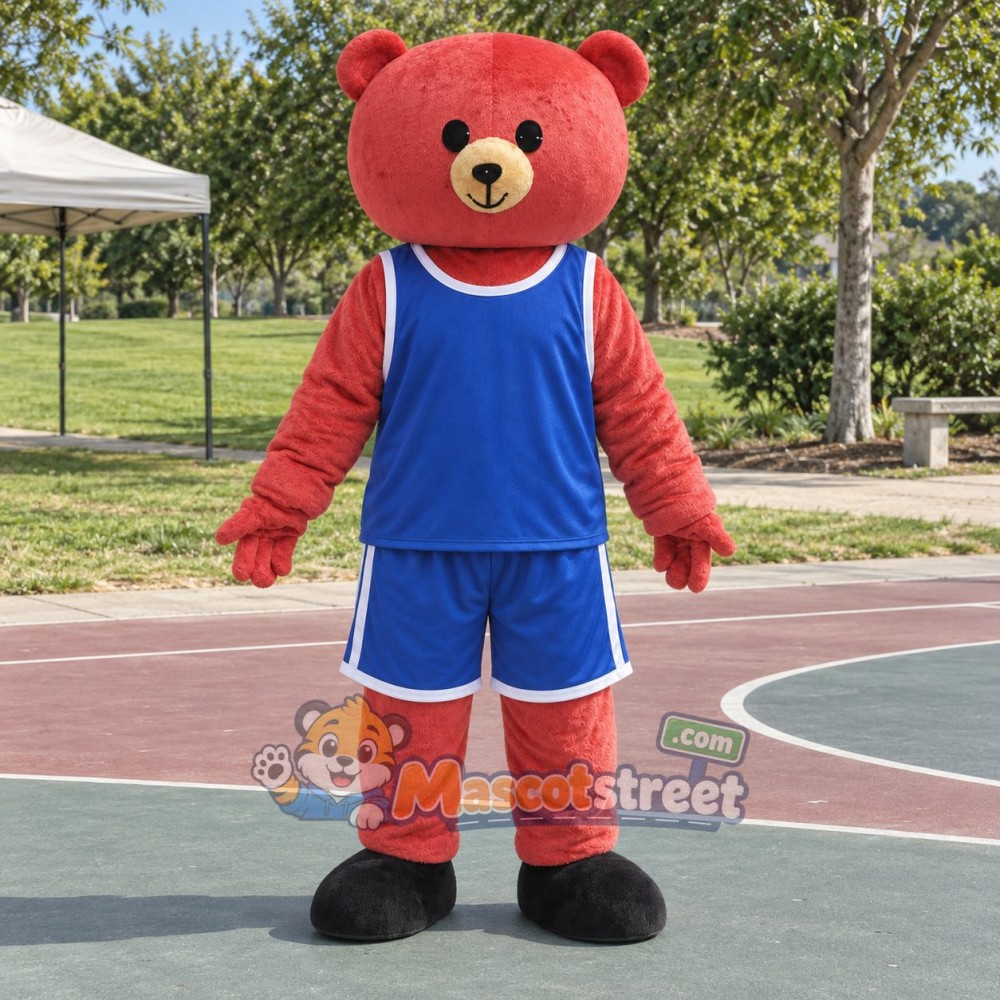 Red Bear Mascot Costume with Blue Sports Uniform Red Bear Mascot Costume with Blue Sports Uniform