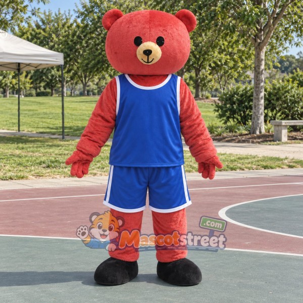 Red Bear Mascot Costume with Blue Sports Uniform