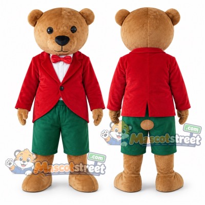 Brown Bear Mascot Costume with Red Blazer and Green Shorts Brown Bear Mascot Costume with Red Blazer and Green Shorts