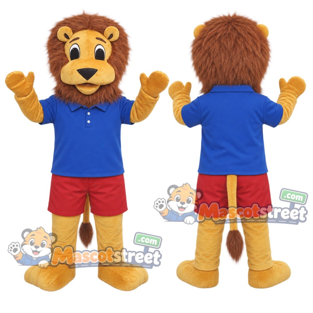 Brown Lion Mascot Costume with Blue Shirt and Red Shorts