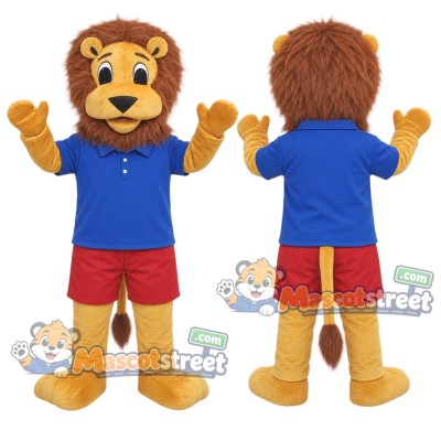Brown Lion Mascot Costume with Blue Shirt and Red Shorts