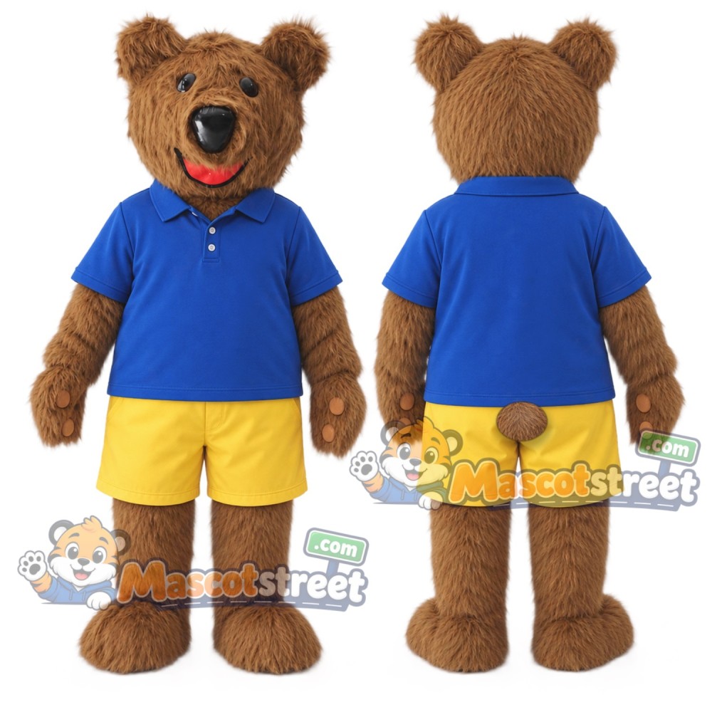 Brown Bear Mascot Costume with Blue Shirt and Yellow Shorts Brown Bear Mascot Costume with Blue Shirt and Yellow Shorts