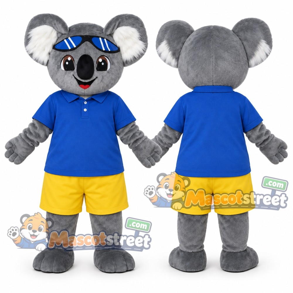 Gray Koala Mascot Costume with Blue Shirt, Yellow Shorts and Sunglasses Gray Koala Mascot Costume with Blue Shirt, Yellow Shorts and Sunglasses