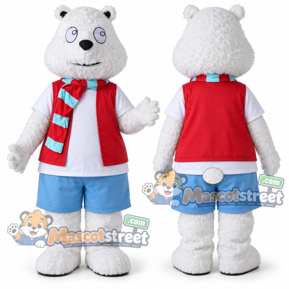 White Polar Bear Mascot Costume with Red Vest, Blue Shorts and Striped Scarf