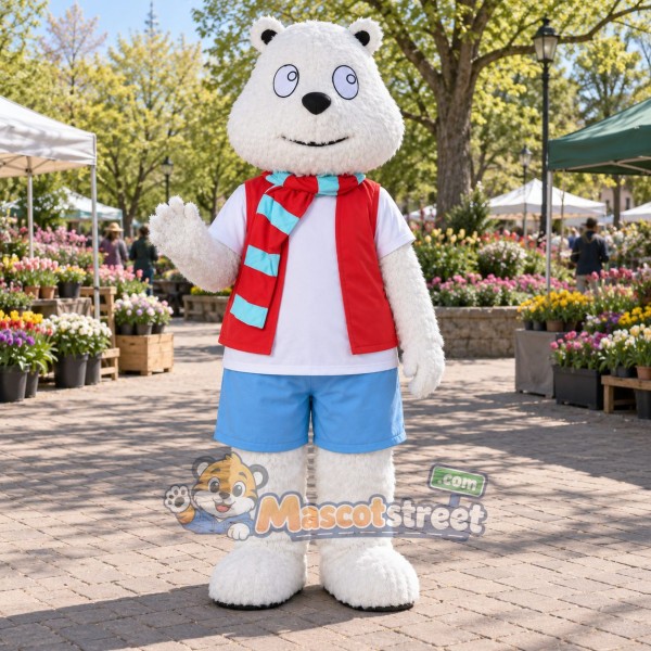 White Polar Bear Mascot Costume with Red Vest, Blue Shorts and Striped Scarf