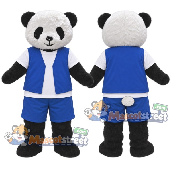 Panda Mascot Costume with Blue Vest and Blue Shorts