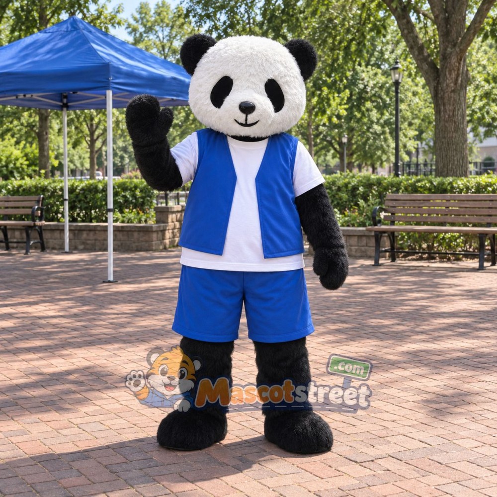 Panda Mascot Costume with Blue Vest and Blue Shorts