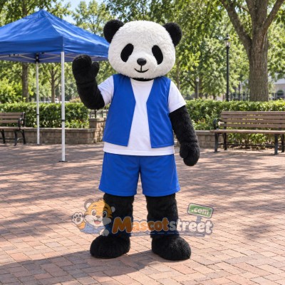 Panda Mascot Costume with Blue Vest and Blue Shorts