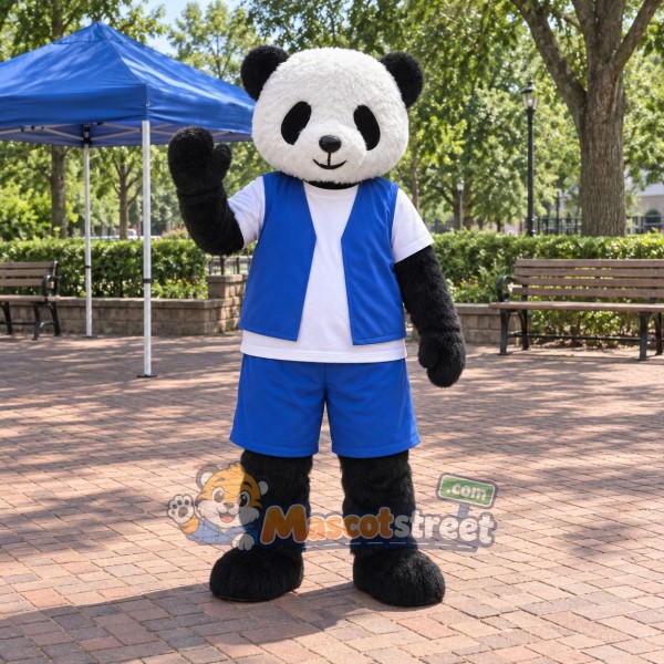 Panda Mascot Costume with Blue Vest and Blue Shorts