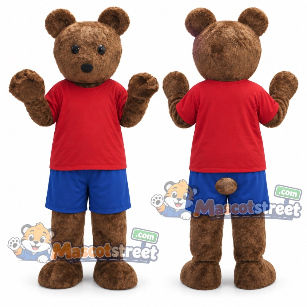 Brown Bear Mascot Costume with Red Shirt and Blue Shorts