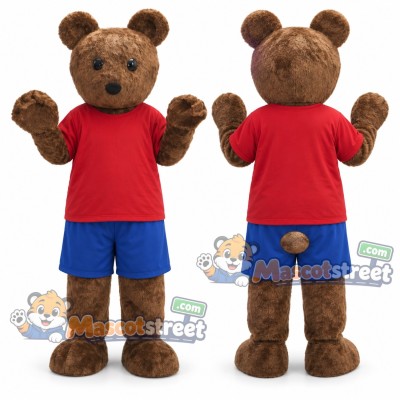 Brown Bear Mascot Costume with Red Shirt and Blue Shorts