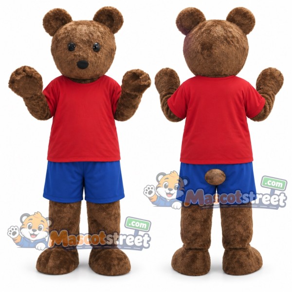 Brown Bear Mascot Costume with Red Shirt and Blue Shorts