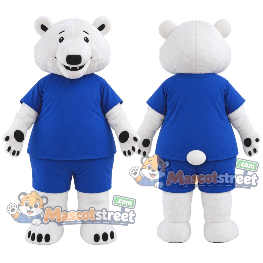 White Polar Bear Mascot Costume with Blue Shirt and Blue Shorts
