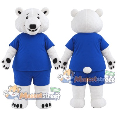 White Polar Bear Mascot Costume with Blue Shirt and Blue Shorts
