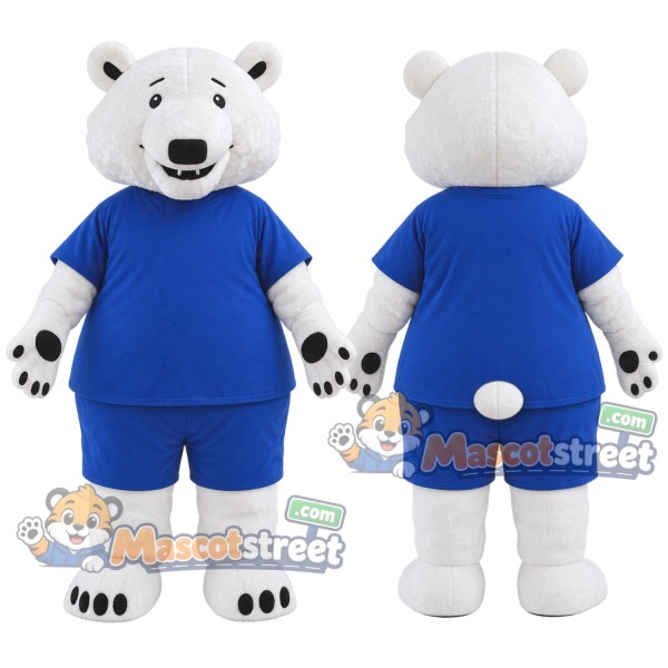 White Polar Bear Mascot Costume with Blue Shirt and Blue Shorts
