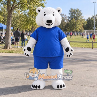 White Polar Bear Mascot Costume with Blue Shirt and Blue Shorts