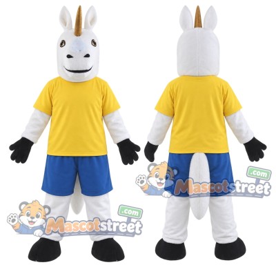 White Unicorn Mascot Costume with Yellow Shirt and Blue Shorts