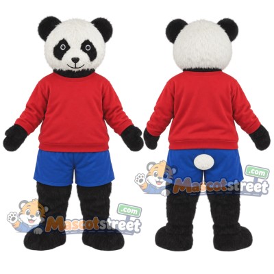 Panda Mascot Costume with Red Shirt and Blue Shorts