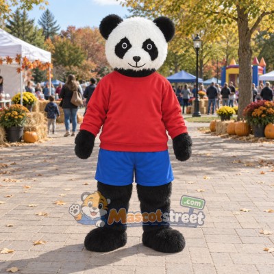Panda Mascot Costume with Red Shirt and Blue Shorts