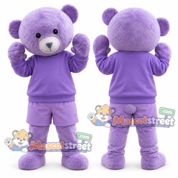 Purple Bear Mascot Costume with Purple Shirt and Purple Shorts
