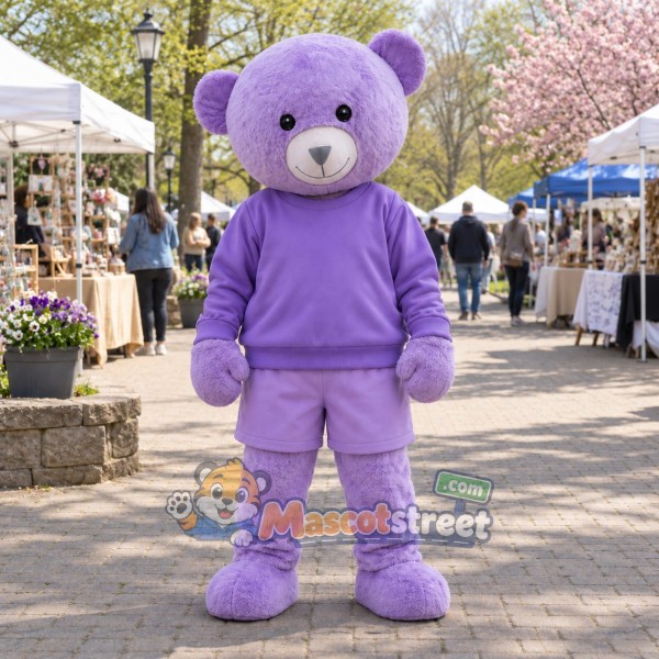 Purple Bear Mascot Costume with Purple Shirt and Purple Shorts