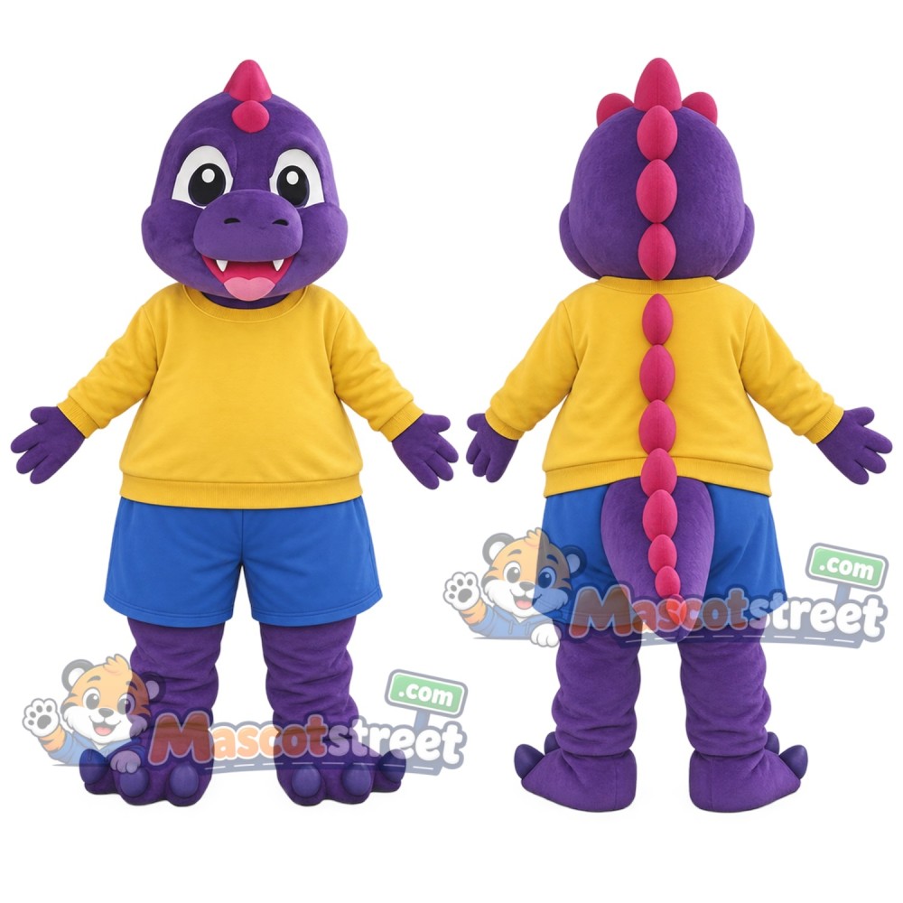 Purple Dragon Mascot Costume with Yellow Shirt and Blue Shorts