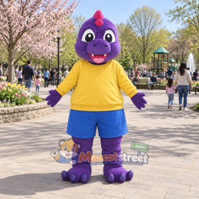 Purple Dragon Mascot Costume with Yellow Shirt and Blue Shorts Purple Dragon Mascot Costume with Yellow Shirt and Blue Shorts
