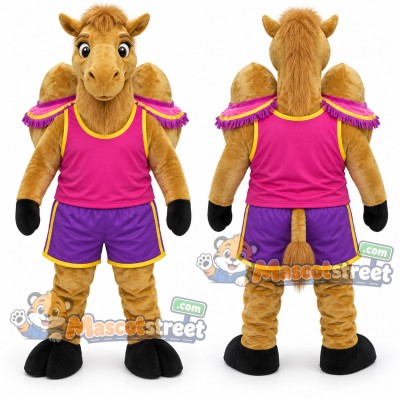 Tan Camel Mascot Costume with Pink Shirt and Purple Shorts Tan Camel Mascot Costume with Pink Shirt and Purple Shorts