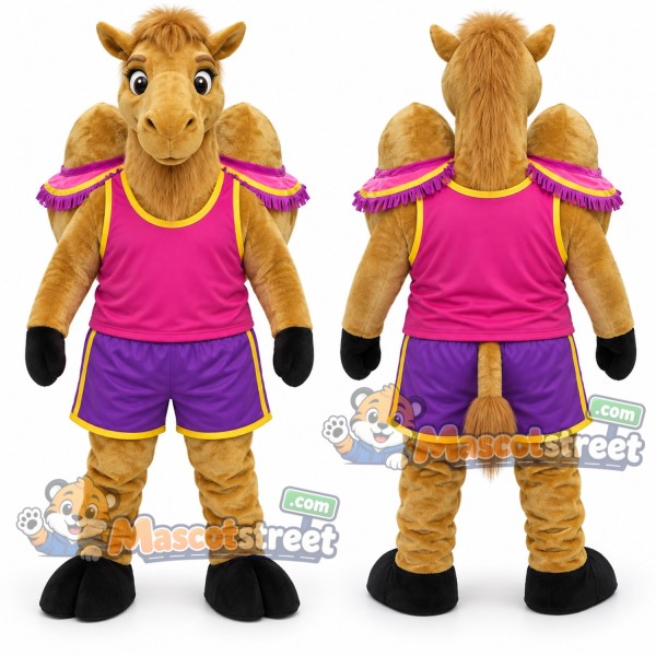 Tan Camel Mascot Costume with Pink Shirt and Purple Shorts