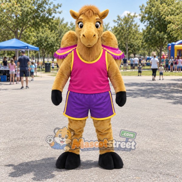 Tan Camel Mascot Costume with Pink Shirt and Purple Shorts
