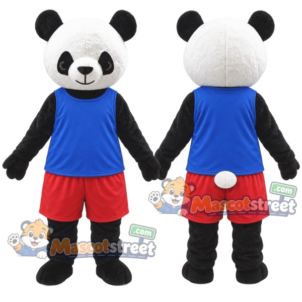 Panda Mascot Costume with Blue Vest and Red Shorts