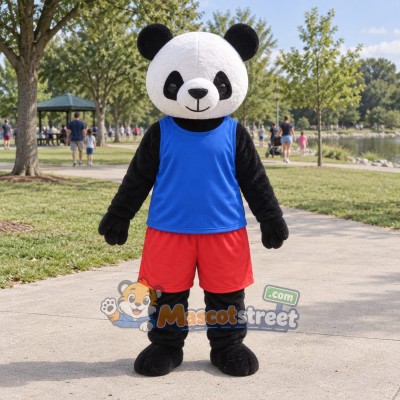 Panda Mascot Costume with Blue Vest and Red Shorts