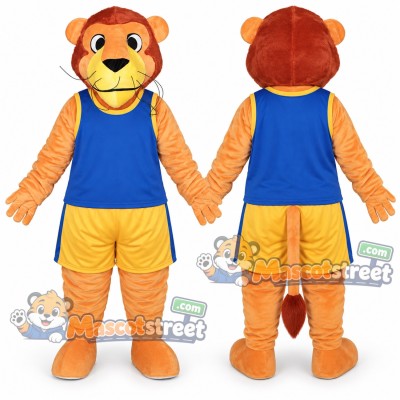 Orange Tiger Mascot Costume with Blue Vest and Yellow Shorts