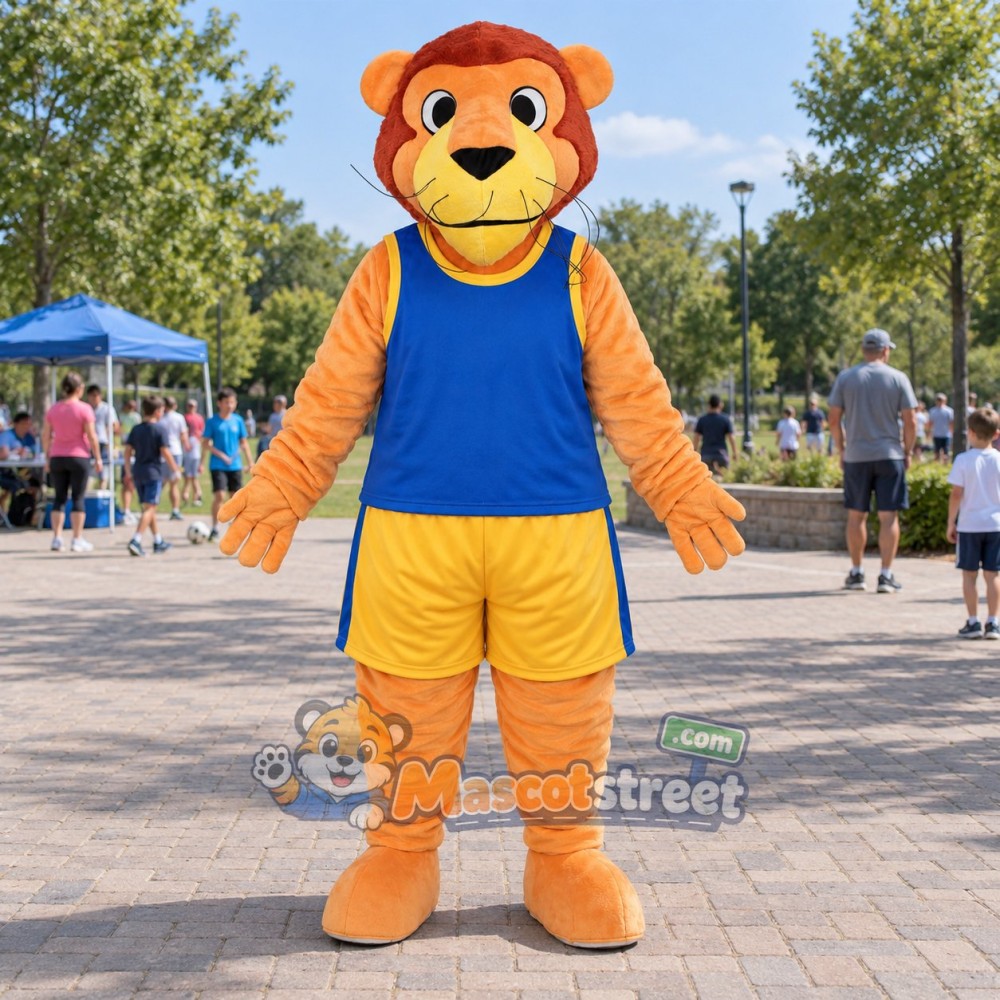 Orange Tiger Mascot Costume with Blue Vest and Yellow Shorts