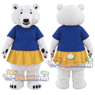 White Polar Bear Mascot Costume with Blue Shirt and Yellow Skirt