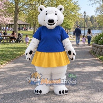 White Polar Bear Mascot Costume with Blue Shirt and Yellow Skirt