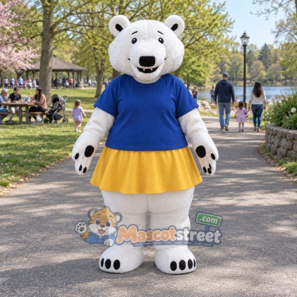White Polar Bear Mascot Costume with Blue Shirt and Yellow Skirt