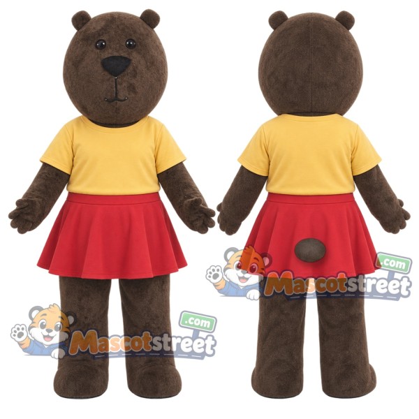 Brown Bear Mascot Costume with Yellow Shirt and Red Skirt