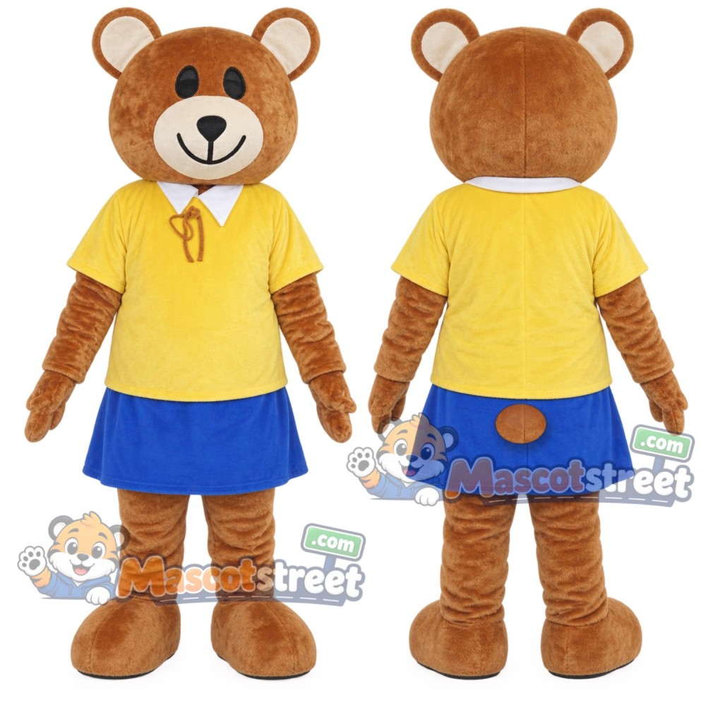 Brown Bear Mascot Costume with Yellow Shirt and Blue Skirt