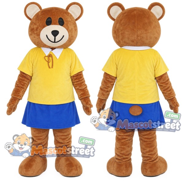 Brown Bear Mascot Costume with Yellow Shirt and Blue Skirt